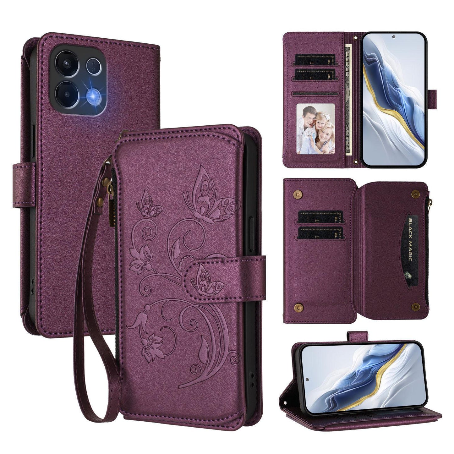 For OPPO K13 India Butterfly Love Flower Multi-card Zipper Wallet Leather Phone Case(Dark Purple)