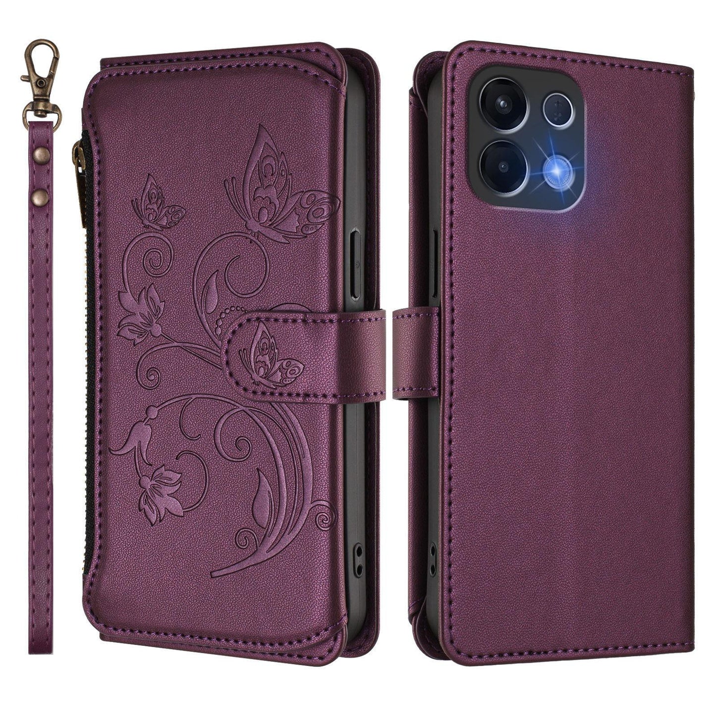 For OPPO K13 India Butterfly Love Flower Multi-card Zipper Wallet Leather Phone Case(Dark Purple)
