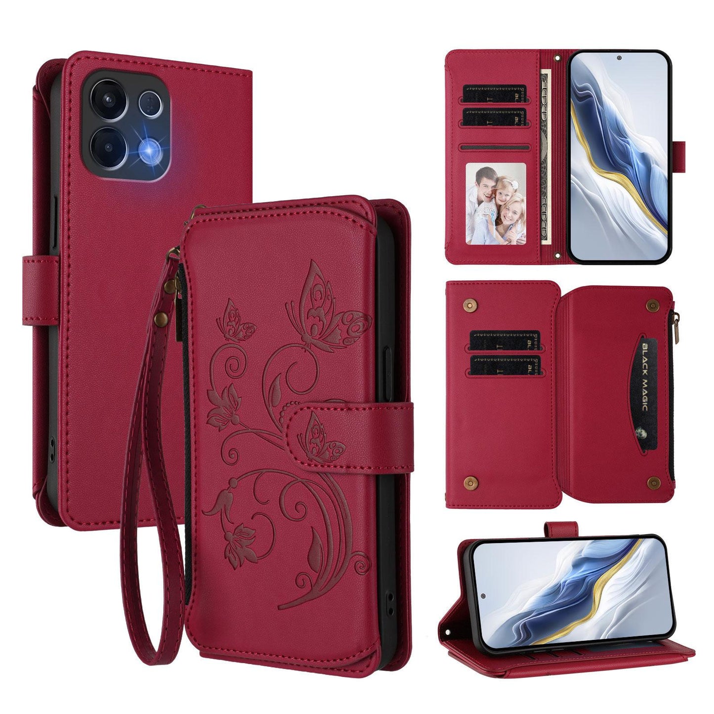 For OPPO K13 India Butterfly Love Flower Multi-card Zipper Wallet Leather Phone Case(Wine Red)