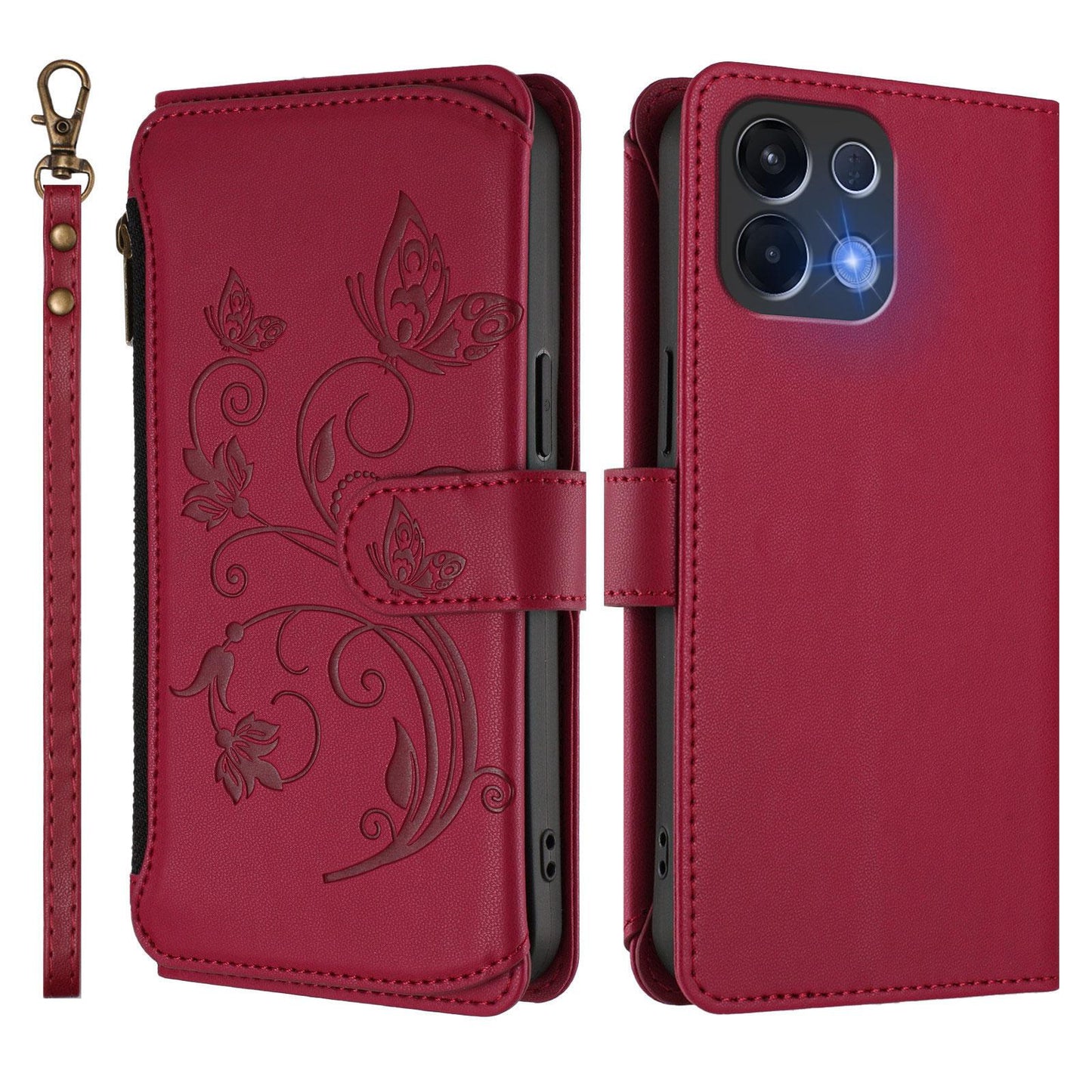 For OPPO K13 India Butterfly Love Flower Multi-card Zipper Wallet Leather Phone Case(Wine Red)