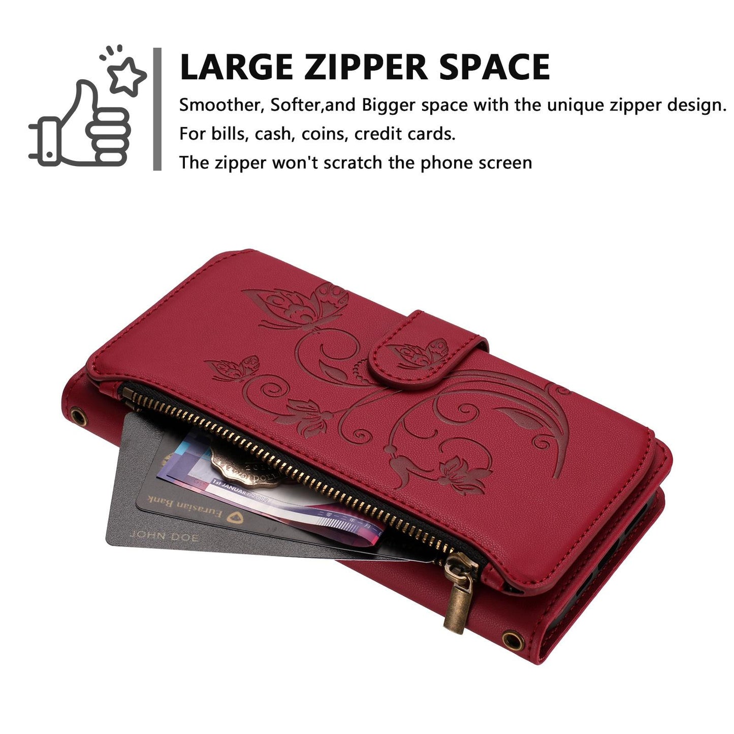 For OPPO K13 India Butterfly Love Flower Multi-card Zipper Wallet Leather Phone Case(Wine Red)