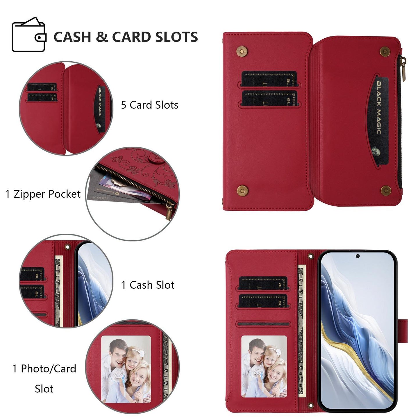 For OPPO K13 India Butterfly Love Flower Multi-card Zipper Wallet Leather Phone Case(Wine Red)
