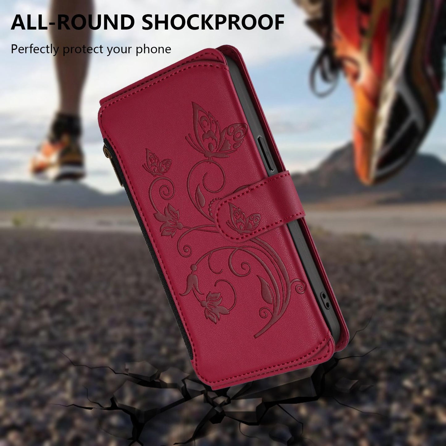 For OPPO K13 India Butterfly Love Flower Multi-card Zipper Wallet Leather Phone Case(Wine Red)