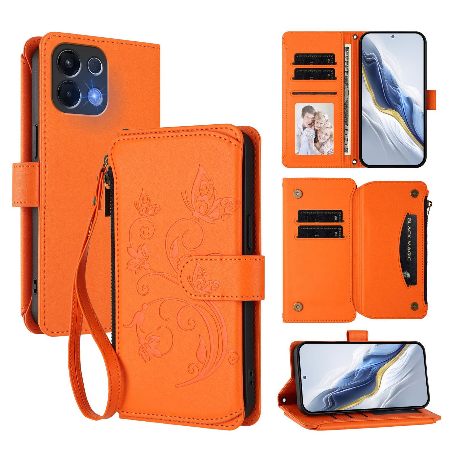 For OPPO K13 India Butterfly Love Flower Multi-card Zipper Wallet Leather Phone Case(Orange)