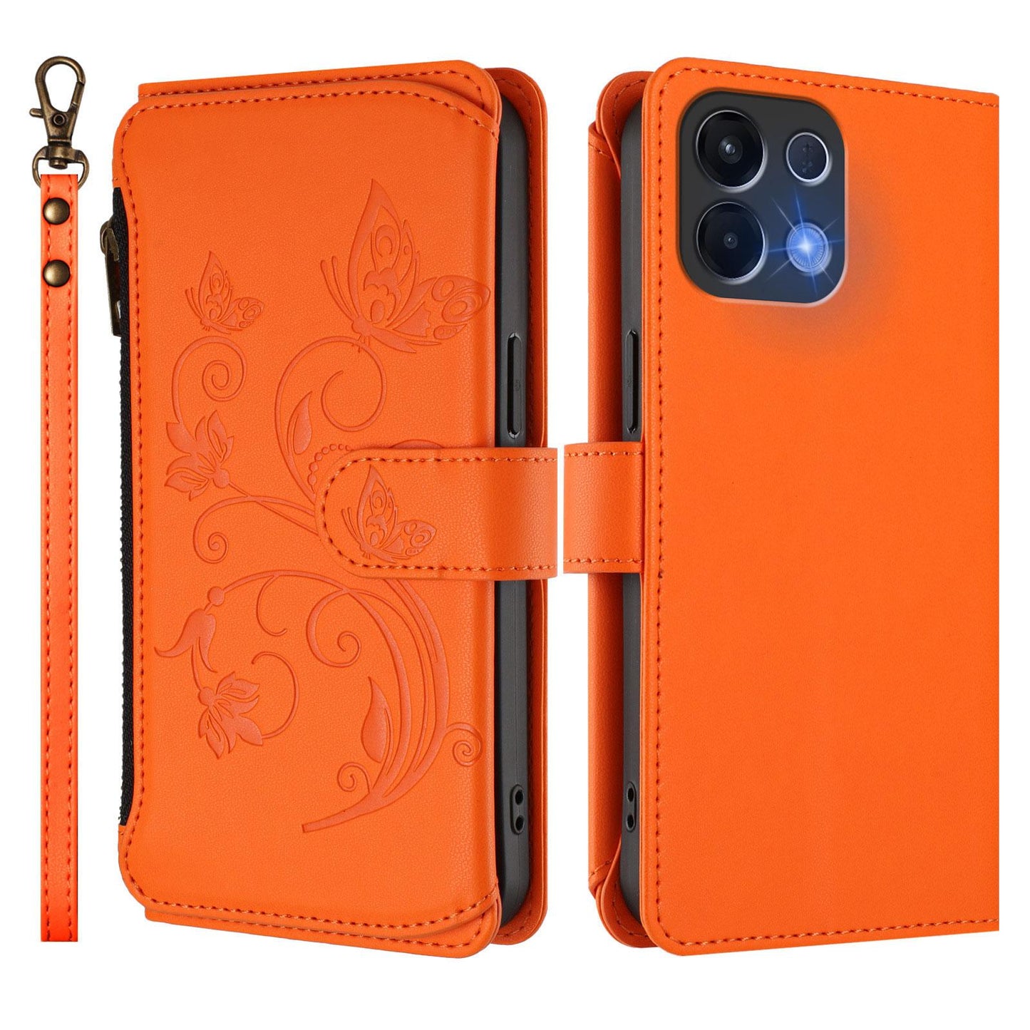 For OPPO K13 India Butterfly Love Flower Multi-card Zipper Wallet Leather Phone Case(Orange)