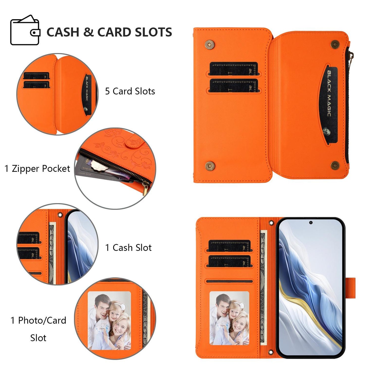 For OPPO K13 India Butterfly Love Flower Multi-card Zipper Wallet Leather Phone Case(Orange)