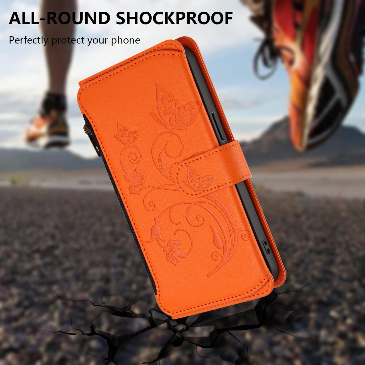 For OPPO K13 India Butterfly Love Flower Multi-card Zipper Wallet Leather Phone Case(Orange)