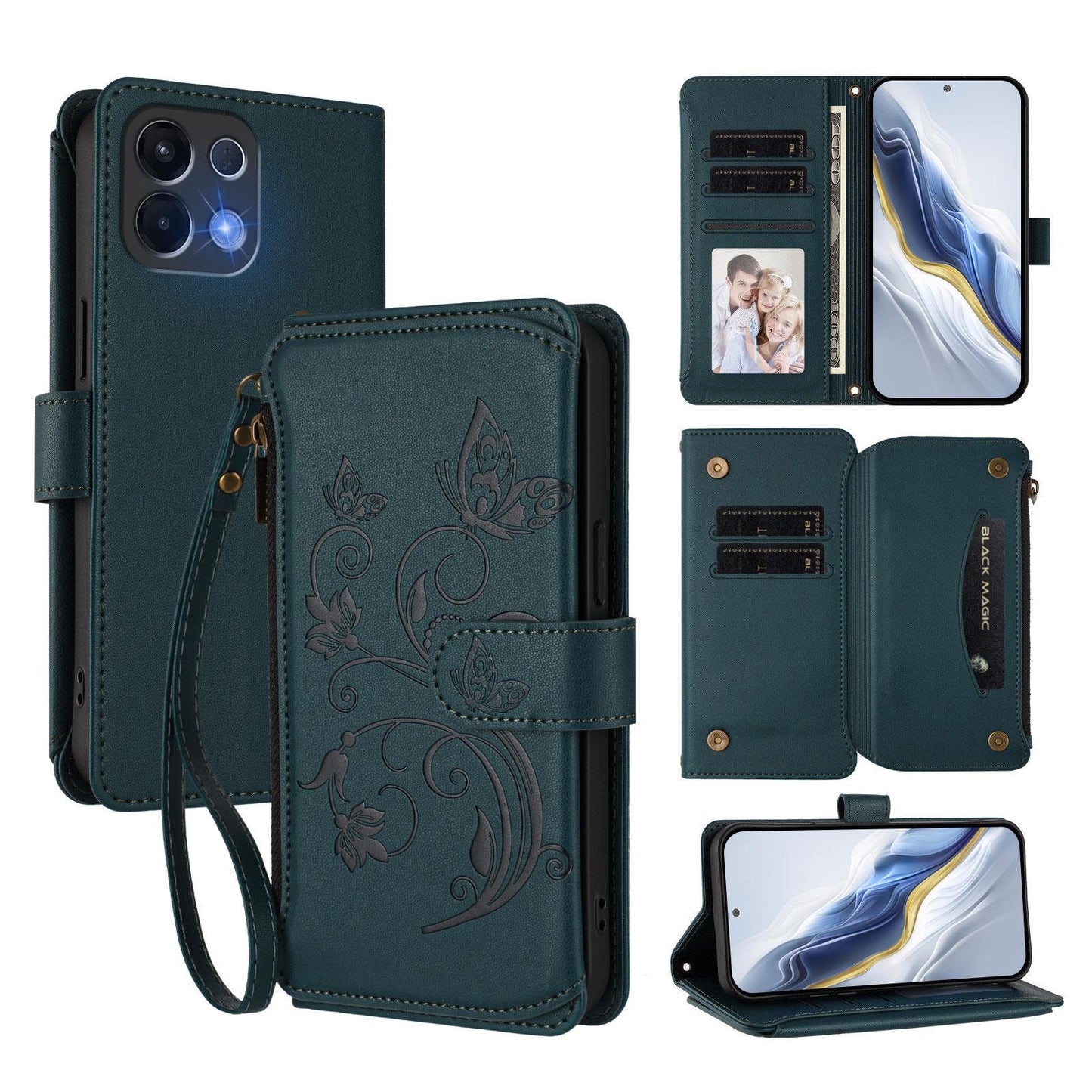 For OPPO K13 India Butterfly Love Flower Multi-card Zipper Wallet Leather Phone Case(Dark Green)