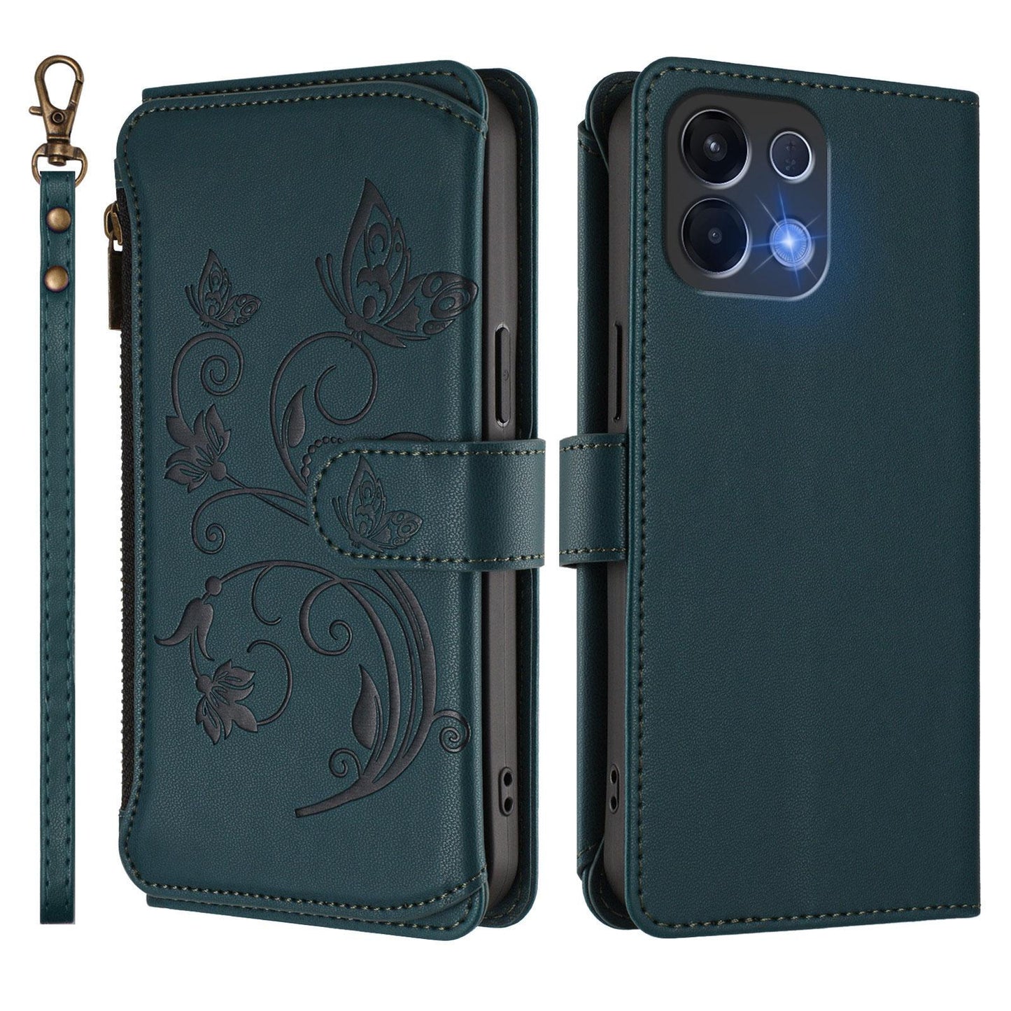 For OPPO K13 India Butterfly Love Flower Multi-card Zipper Wallet Leather Phone Case(Dark Green)