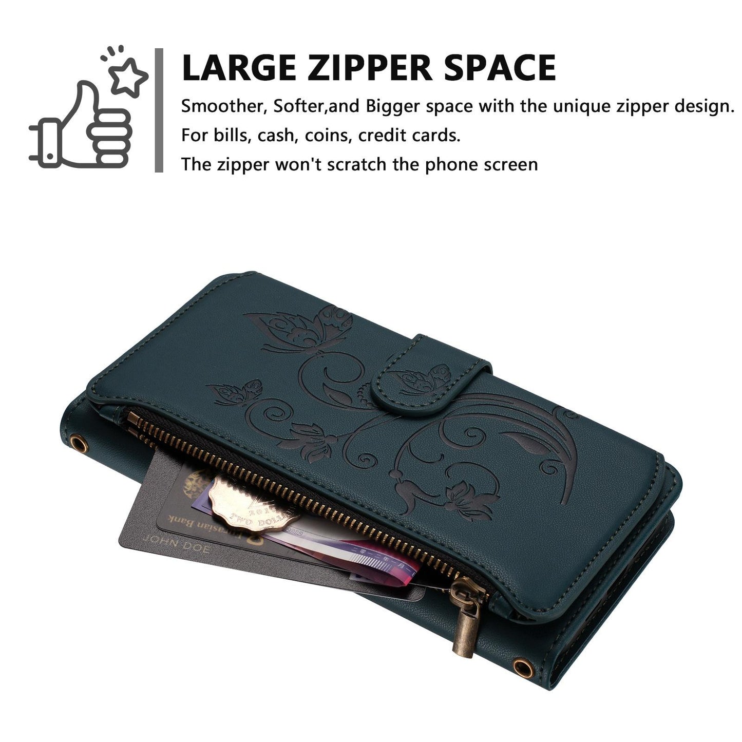 For OPPO K13 India Butterfly Love Flower Multi-card Zipper Wallet Leather Phone Case(Dark Green)