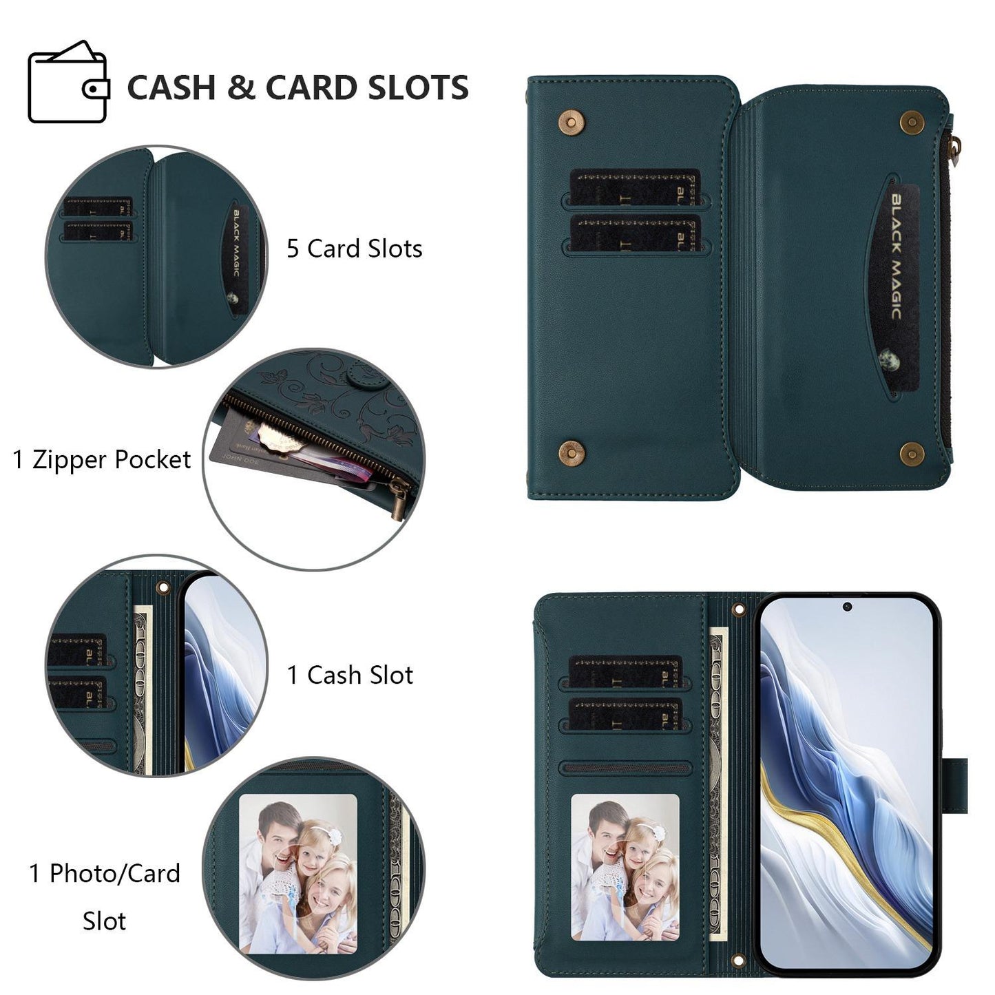 For OPPO K13 India Butterfly Love Flower Multi-card Zipper Wallet Leather Phone Case(Dark Green)