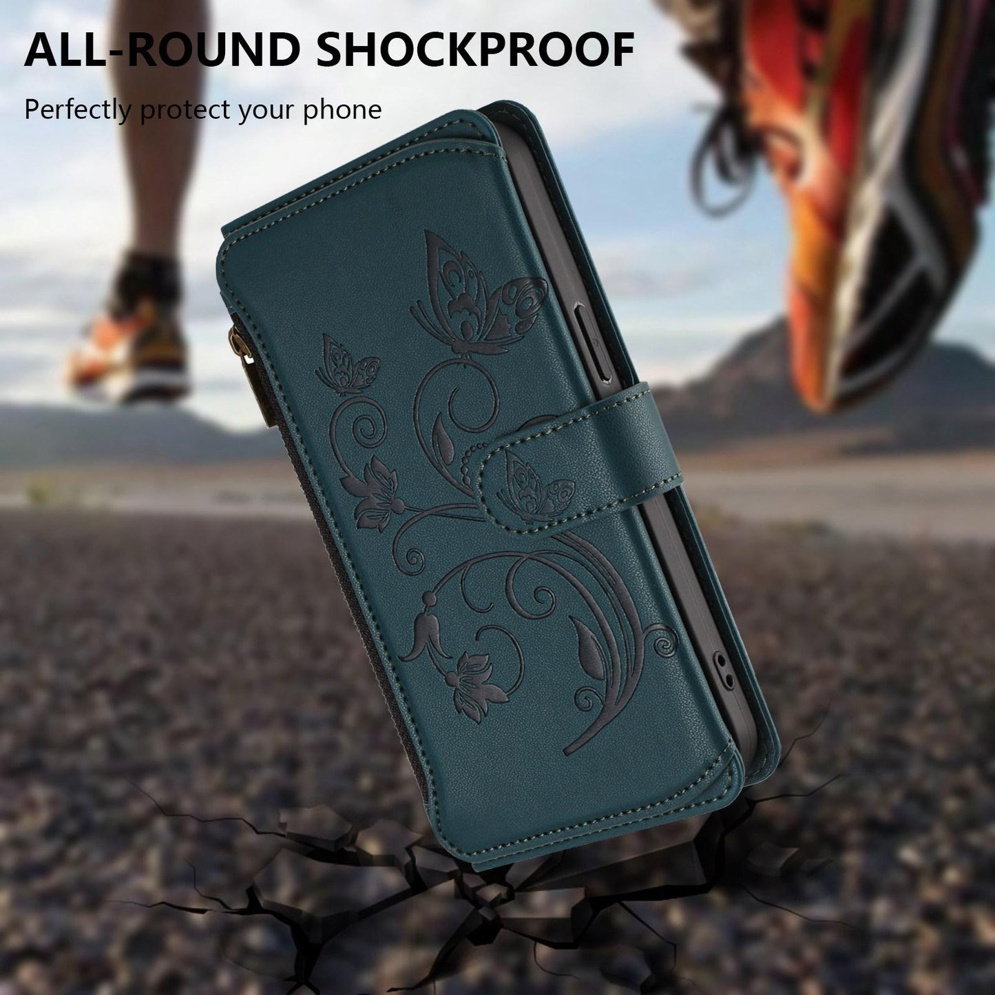 For OPPO K13 India Butterfly Love Flower Multi-card Zipper Wallet Leather Phone Case(Dark Green)