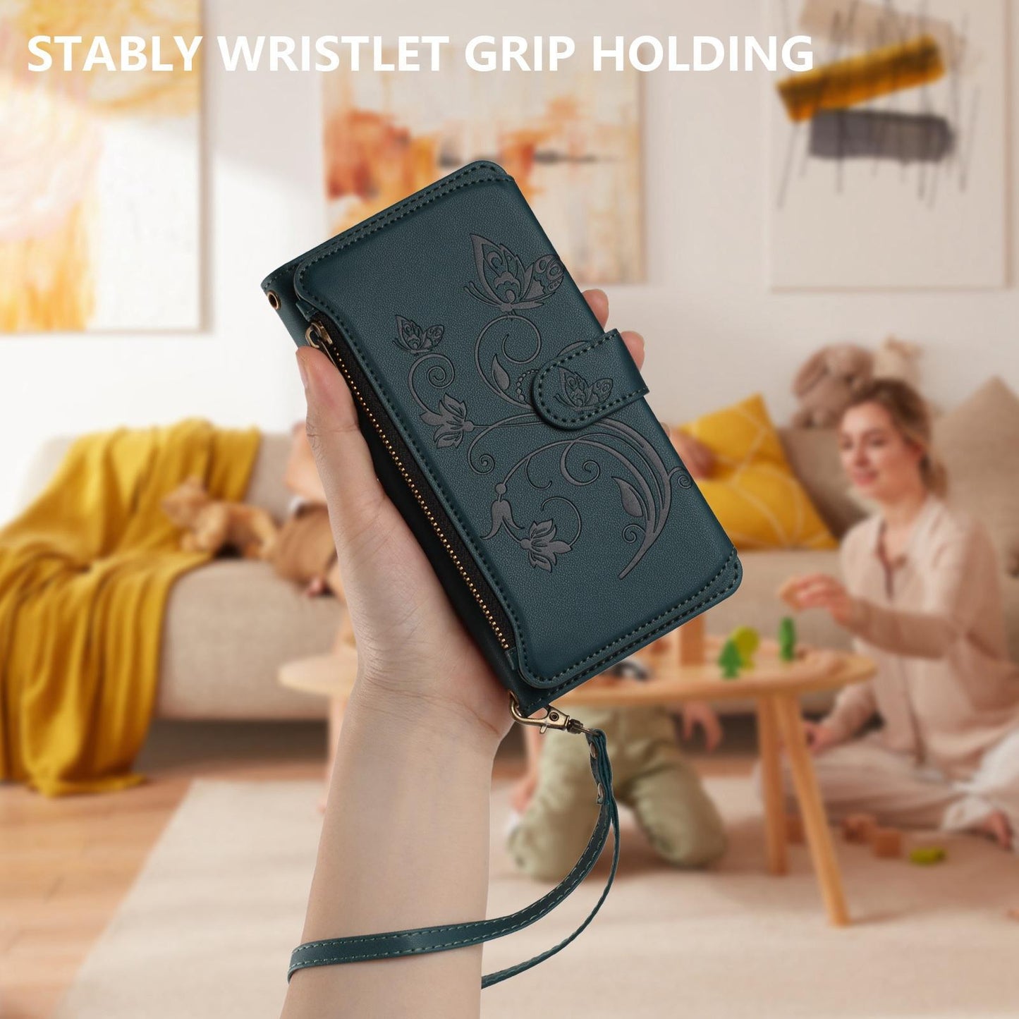 For OPPO K13 India Butterfly Love Flower Multi-card Zipper Wallet Leather Phone Case(Dark Green)