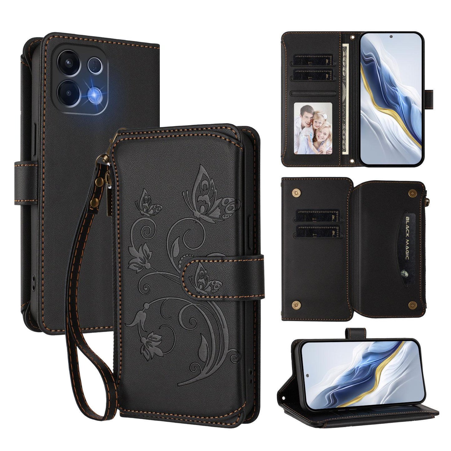For OPPO K13 India Butterfly Love Flower Multi-card Zipper Wallet Leather Phone Case(Black)