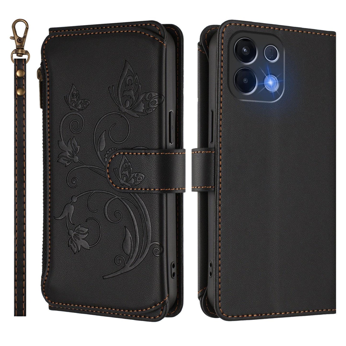For OPPO K13 India Butterfly Love Flower Multi-card Zipper Wallet Leather Phone Case(Black)