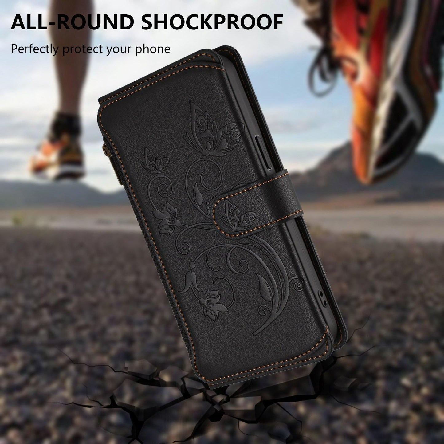 For OPPO K13 India Butterfly Love Flower Multi-card Zipper Wallet Leather Phone Case(Black)