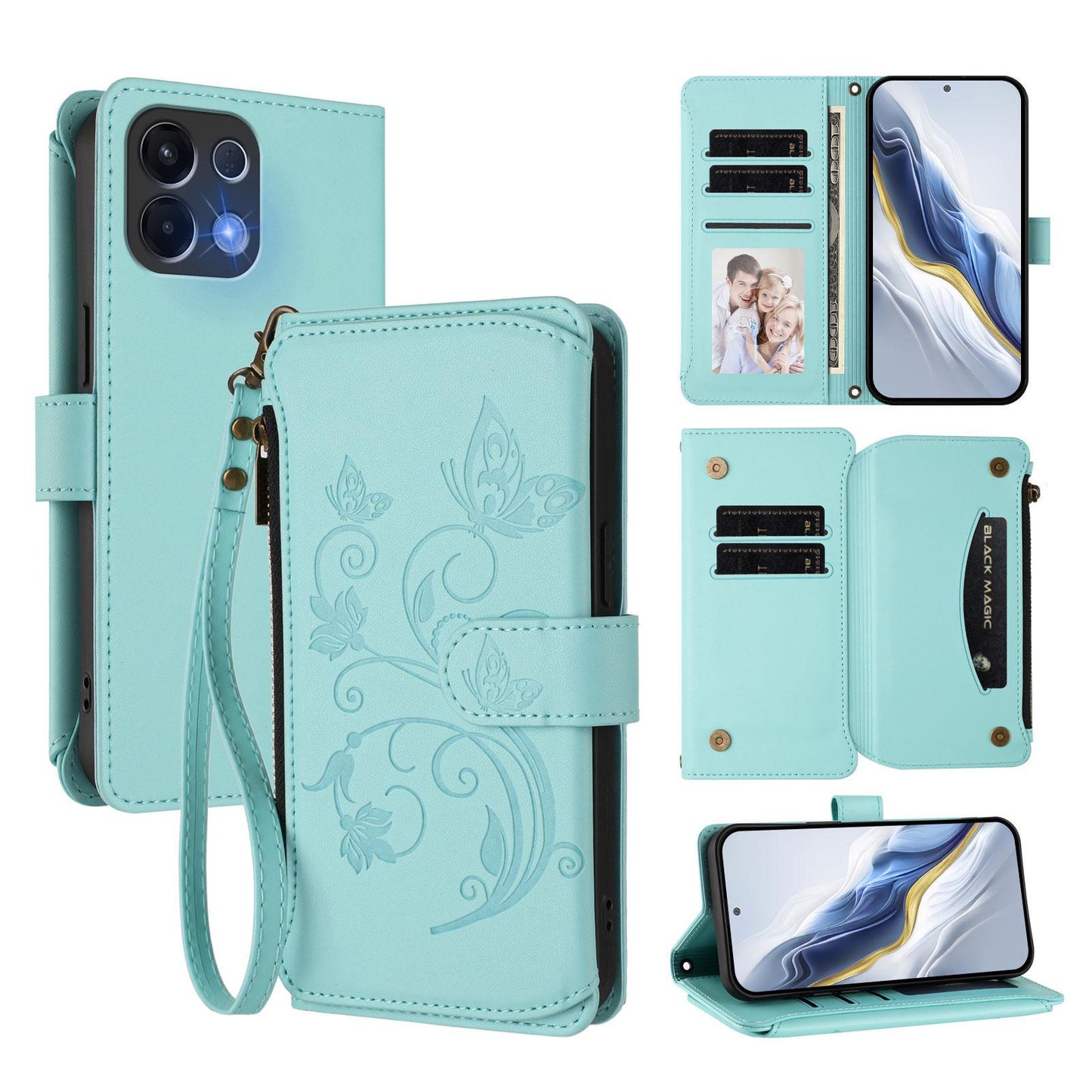 For OPPO K13 India Butterfly Love Flower Multi-card Zipper Wallet Leather Phone Case(Mint Green)