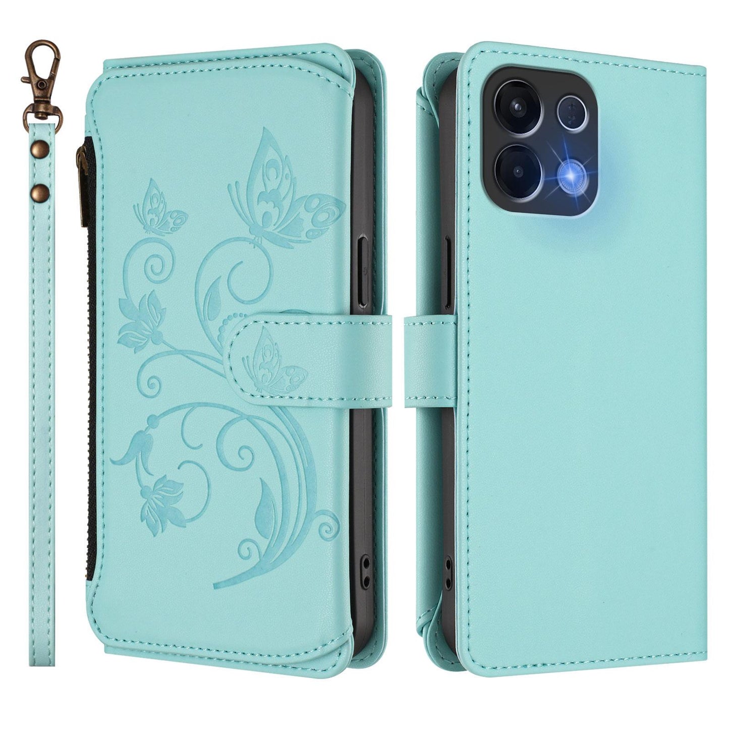 For OPPO K13 India Butterfly Love Flower Multi-card Zipper Wallet Leather Phone Case(Mint Green)
