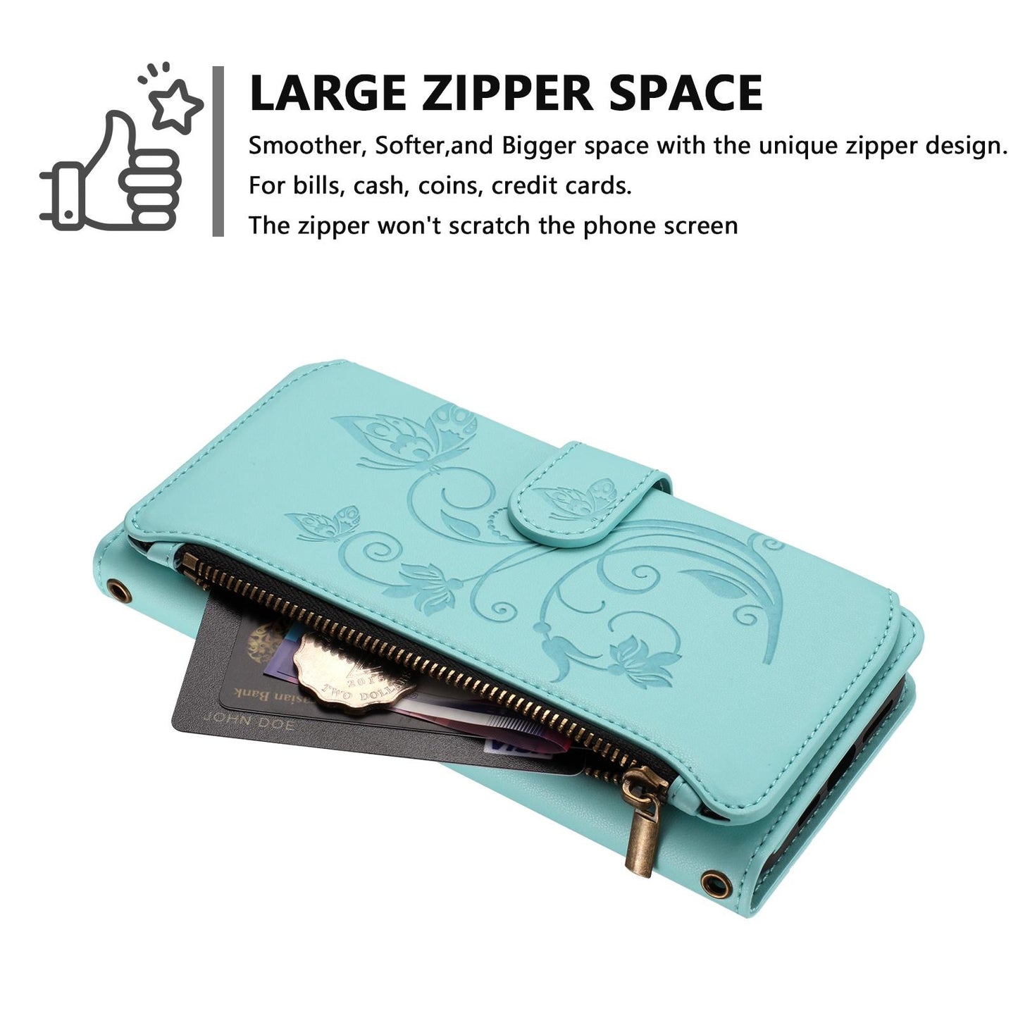 For OPPO K13 India Butterfly Love Flower Multi-card Zipper Wallet Leather Phone Case(Mint Green)