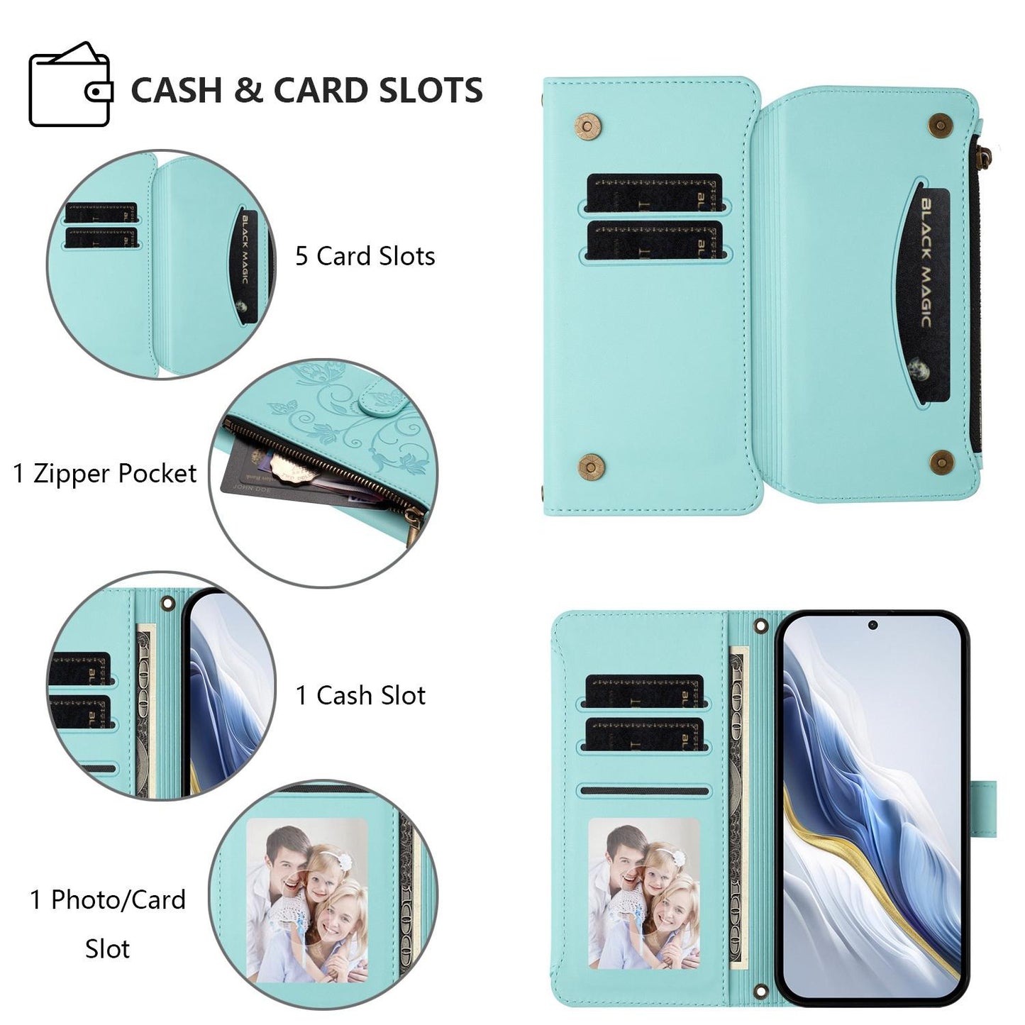 For OPPO K13 India Butterfly Love Flower Multi-card Zipper Wallet Leather Phone Case(Mint Green)