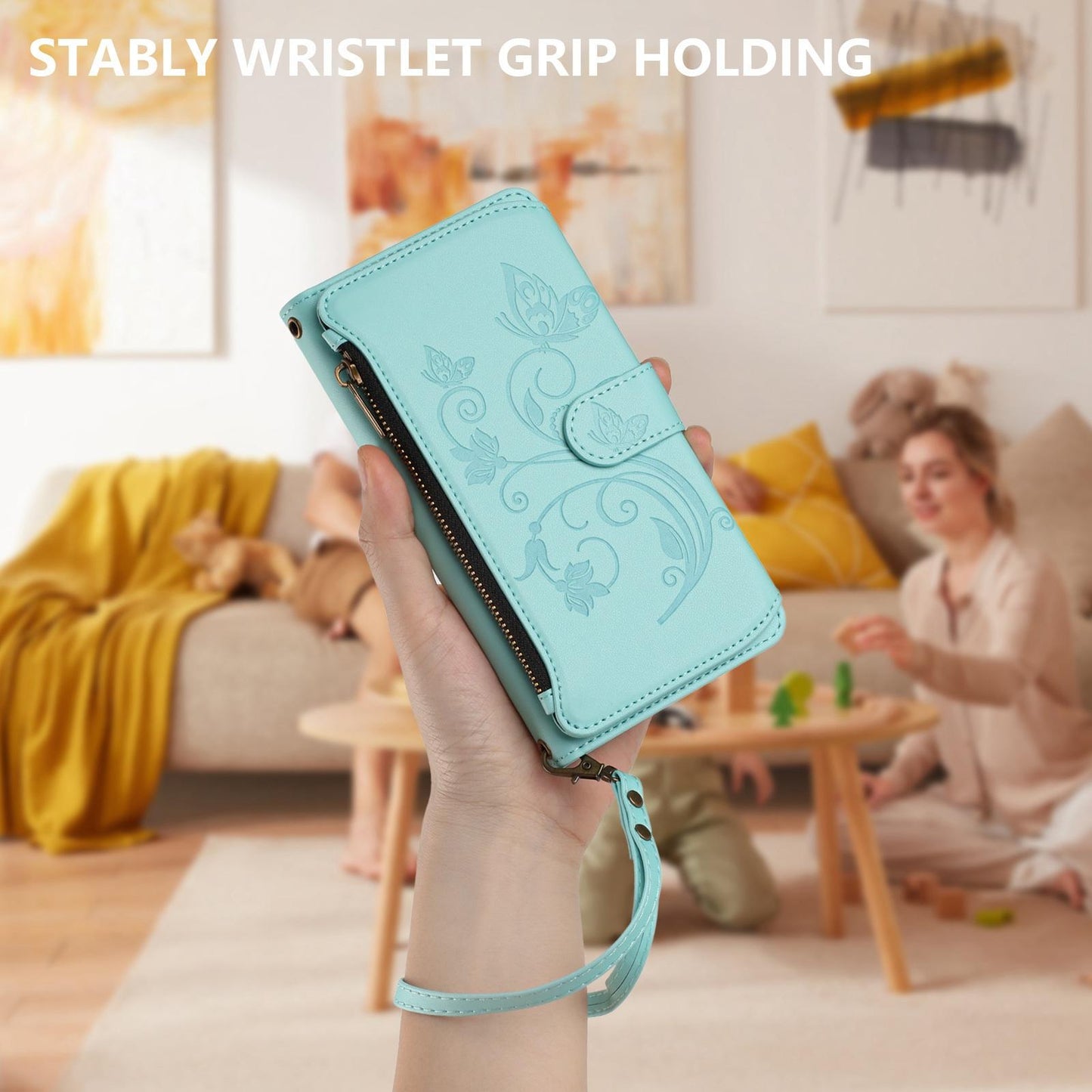 For OPPO K13 India Butterfly Love Flower Multi-card Zipper Wallet Leather Phone Case(Mint Green)