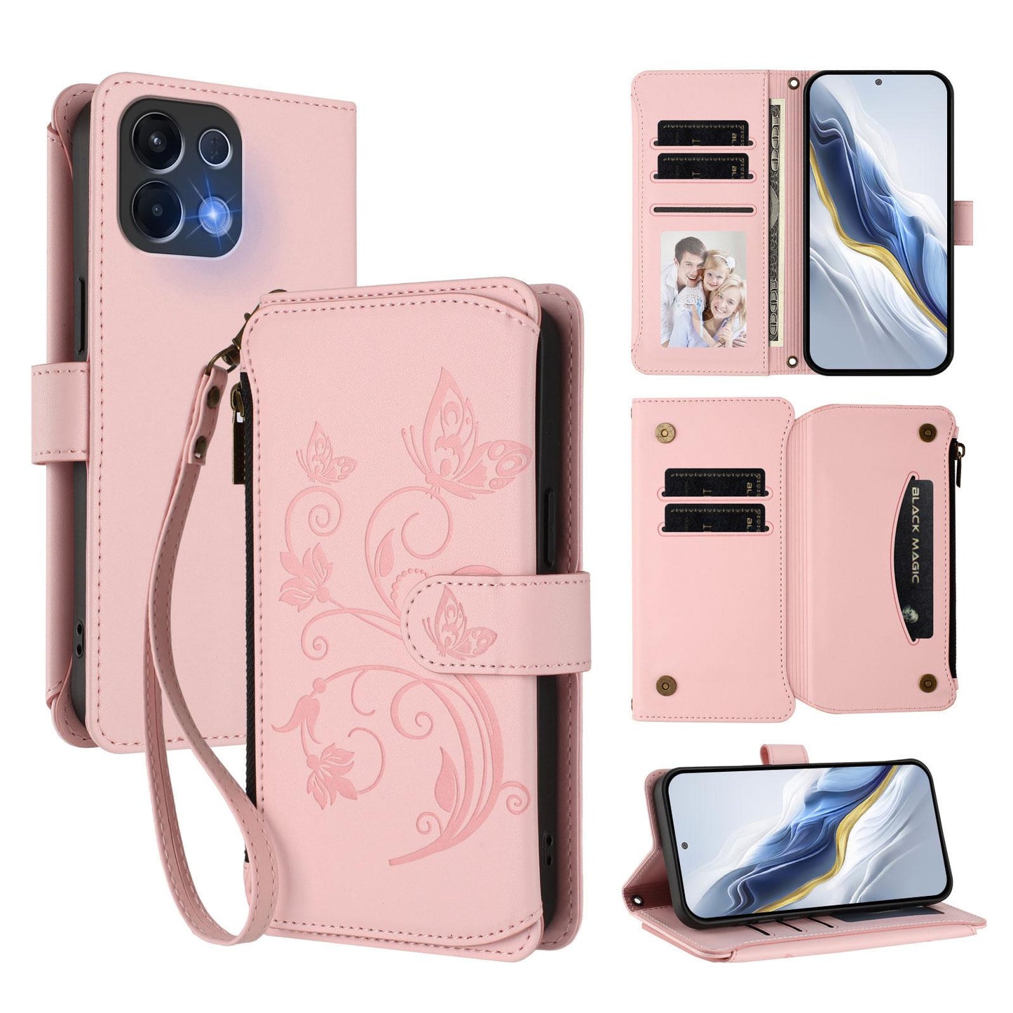 For OPPO K13 India Butterfly Love Flower Multi-card Zipper Wallet Leather Phone Case(Pink)