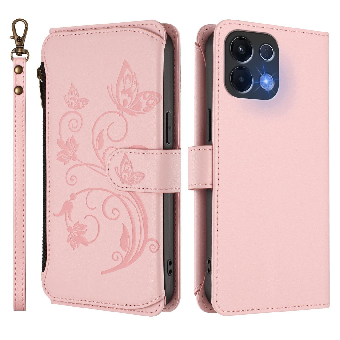 For OPPO K13 India Butterfly Love Flower Multi-card Zipper Wallet Leather Phone Case(Pink)