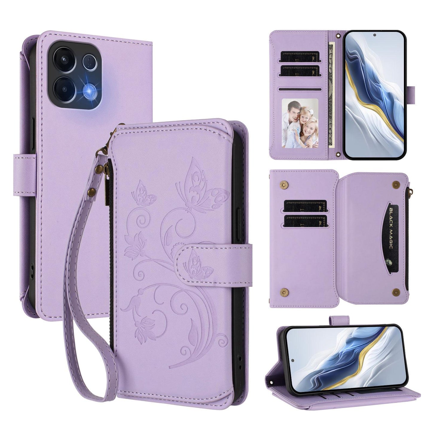 For OPPO K13 India Butterfly Love Flower Multi-card Zipper Wallet Leather Phone Case(Light Purple)