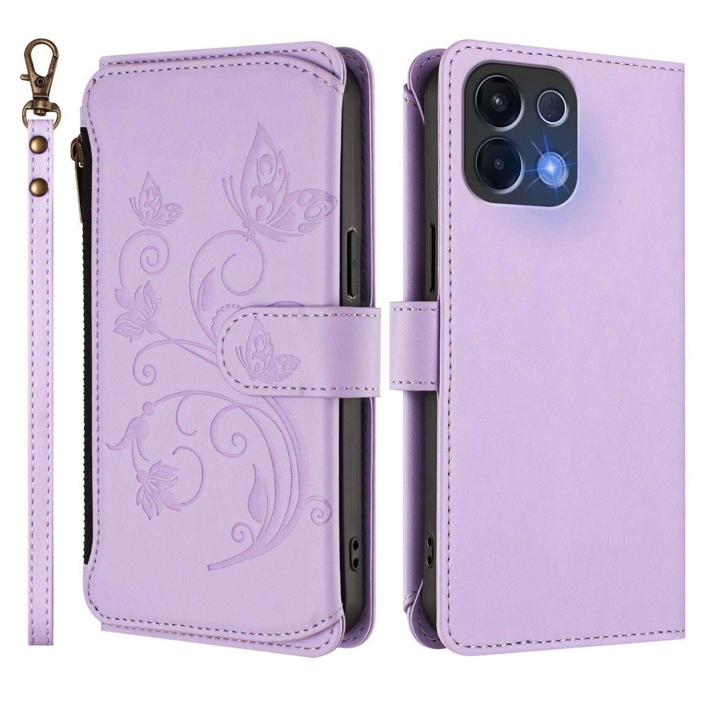 For OPPO K13 India Butterfly Love Flower Multi-card Zipper Wallet Leather Phone Case(Light Purple)