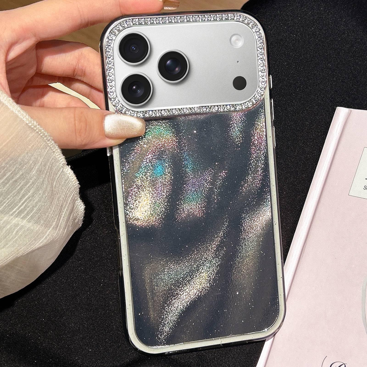 Compatible with iPhone 18 Pro Max & 17 Pro Max 3 in 1 Diamond Lens Frame Quicksand Pattern Phone Case - Black