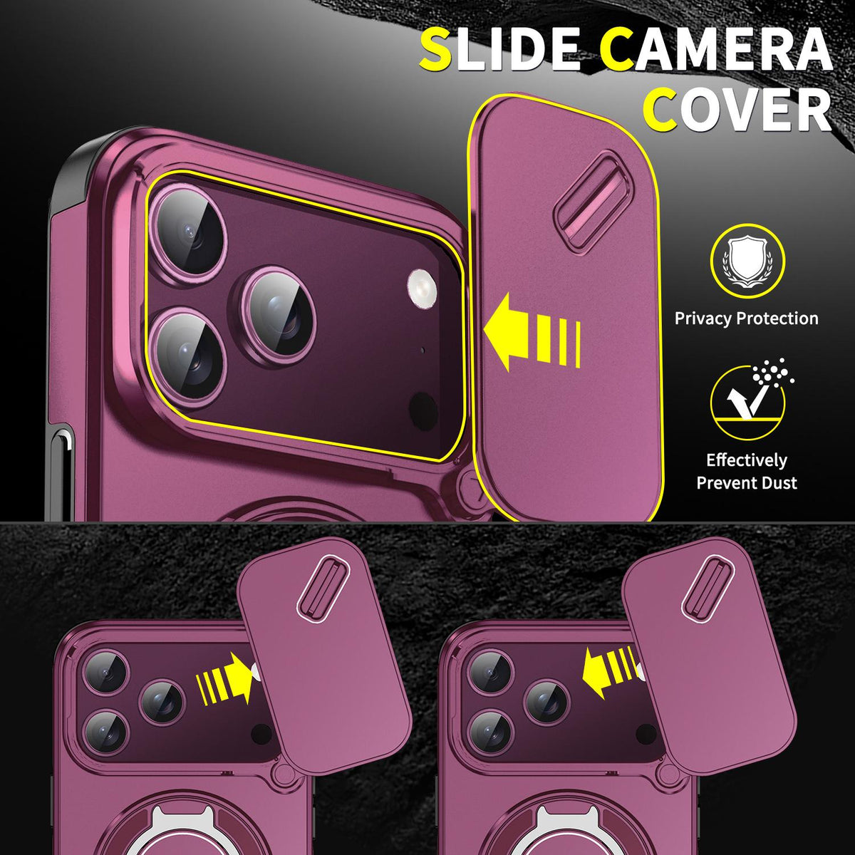 Compatible with iPhone 18 Pro Max Sliding Camshield Ring Holder Phone Case - Cherry Red