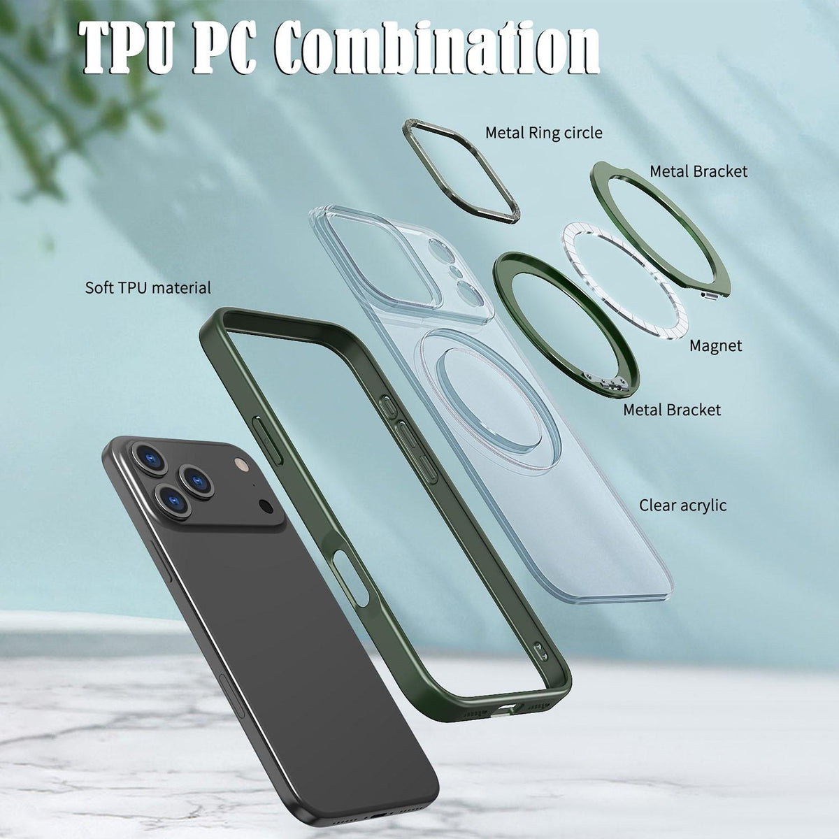 Compatible with iPhone 18 Pro Max kalebol MagSafe Metal Ring Holder Phone Case - Green