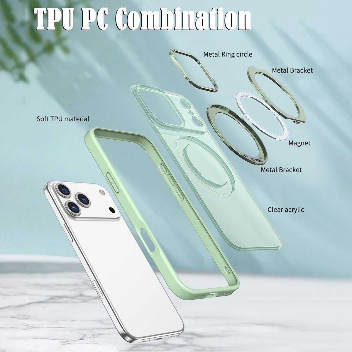 Compatible with iPhone 18 Pro Max kalebol MagSafe Metal Ring Holder Phone Case - Avocado Green