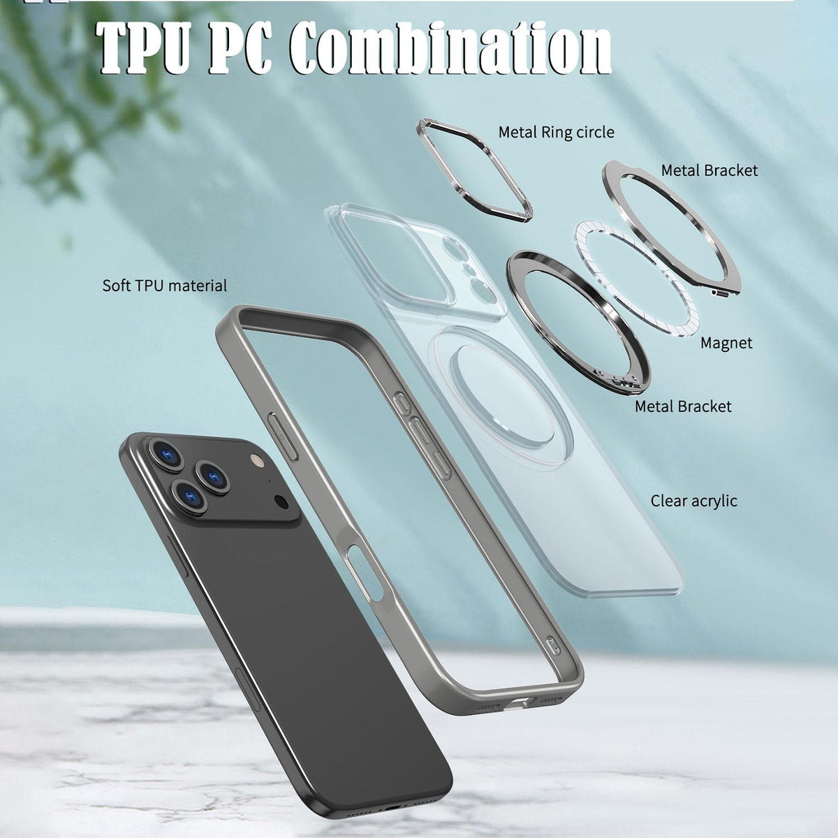 Compatible with iPhone 18 Pro Max kalebol MagSafe Metal Ring Holder Phone Case - Titanium Gray
