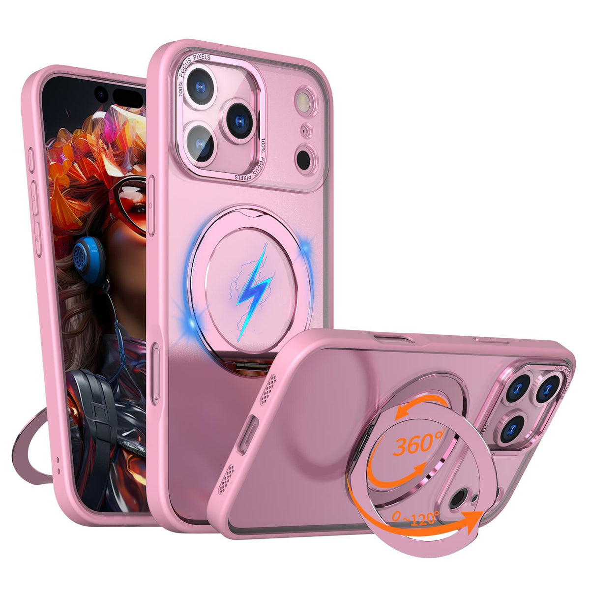 Compatible with iPhone 18 Pro Max kalebol MagSafe Metal Ring Holder Phone Case - Pink