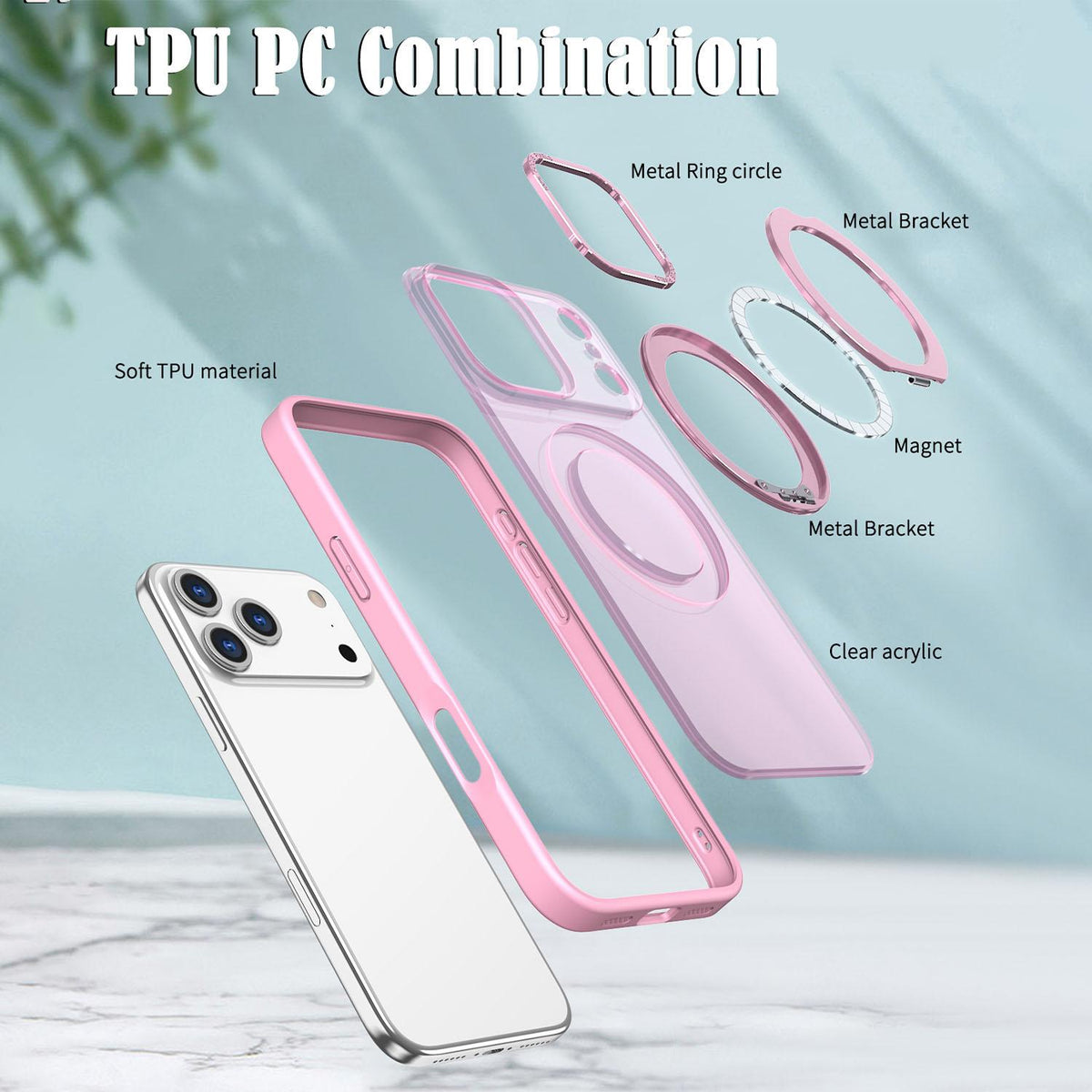 Compatible with iPhone 18 Pro Max kalebol MagSafe Metal Ring Holder Phone Case - Pink