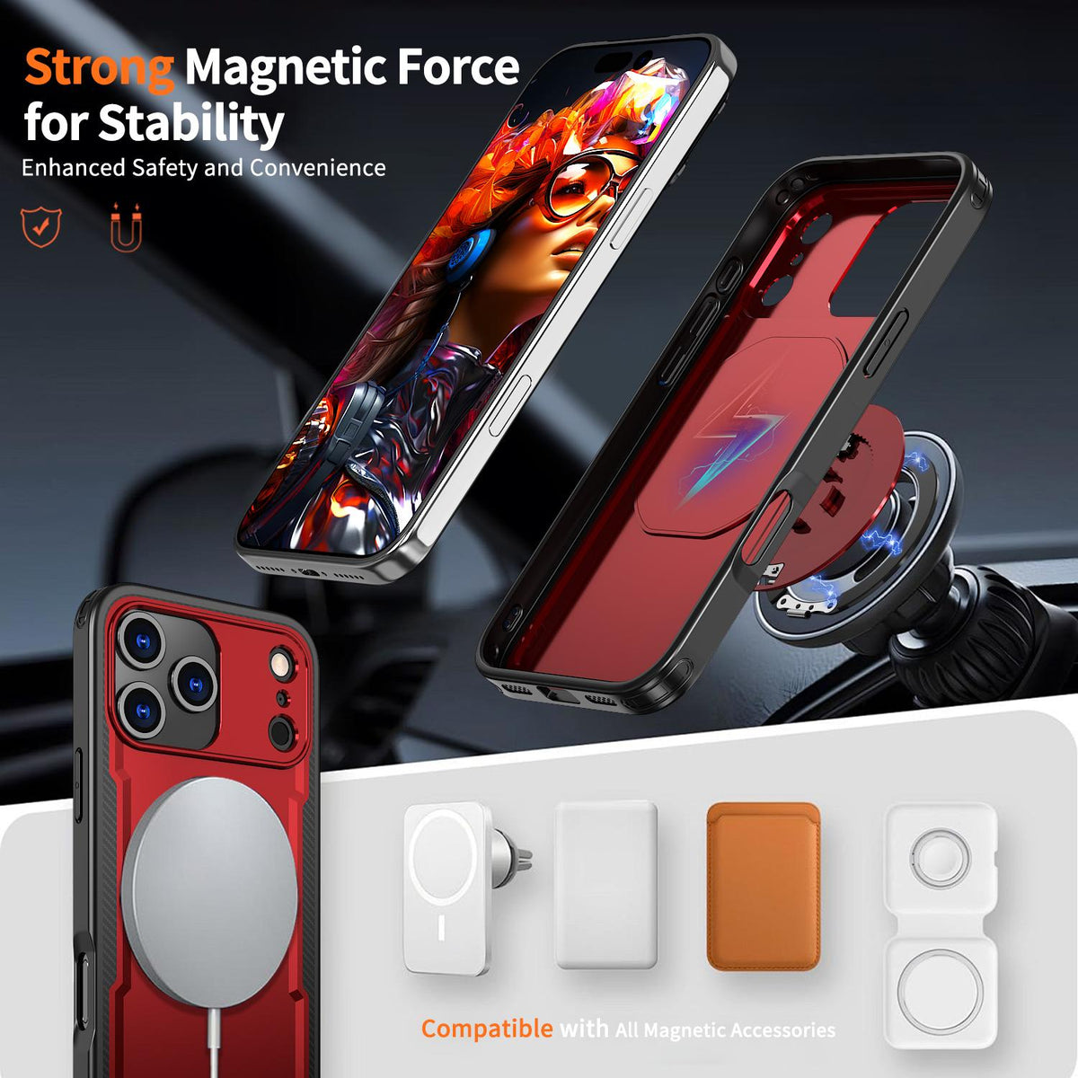 Compatible with iPhone 18 Pro Max kalebol Metal 360 Degree Rotation Holder MagSafe Phone Case - Red
