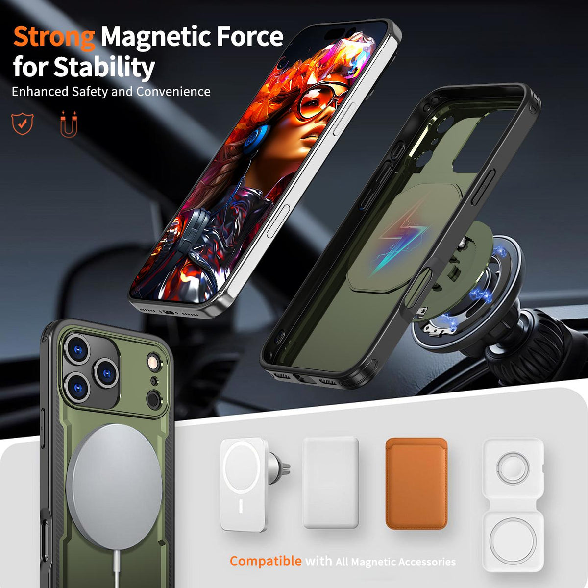 Compatible with iPhone 18 Pro Max kalebol Metal 360 Degree Rotation Holder MagSafe Phone Case - Green