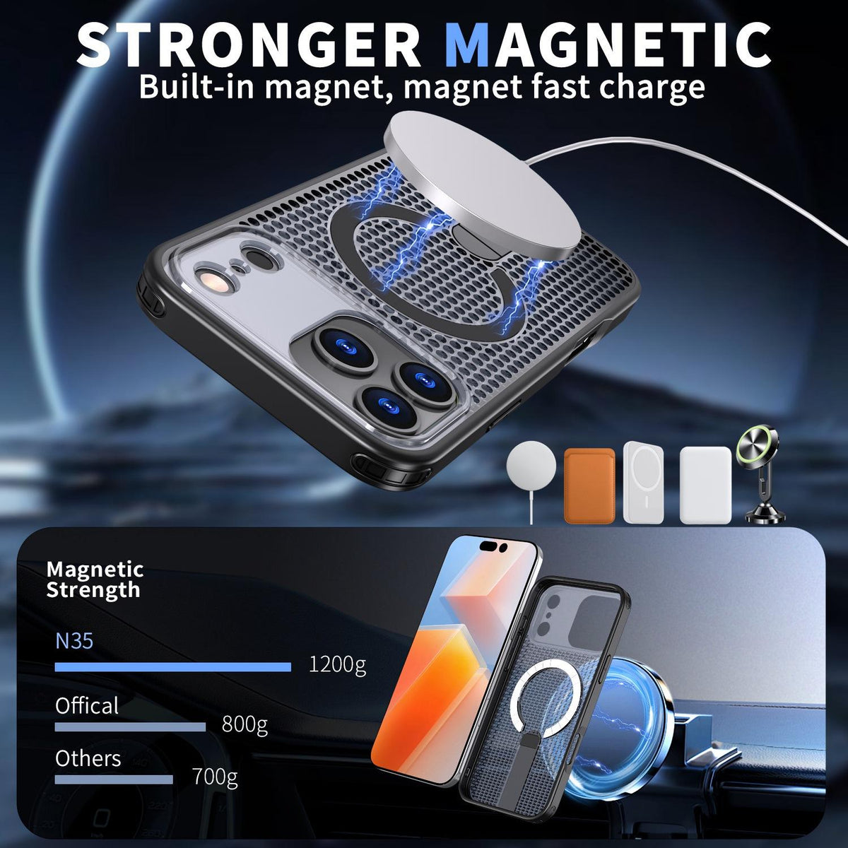 Compatible with iPhone 18 Pro Max kalebol Honeycomb Cooling MagSafe Holder Phone Case - Black