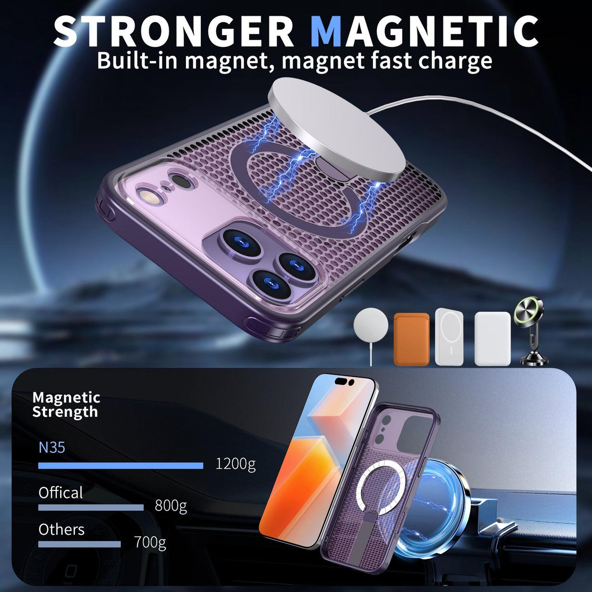 Compatible with iPhone 18 Pro Max kalebol Honeycomb Cooling MagSafe Holder Phone Case - Purple