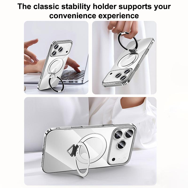 Compatible with iPhone 18 Pro Max SULADA Electroplated Transparent MagSafe Holder Phone Case - Silver