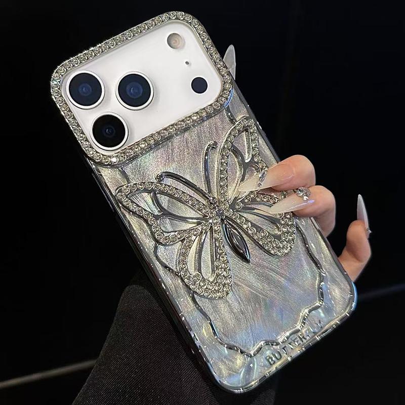 Compatible with iPhone 18 Pro Max Butterfly Electroplating TPU Phone Case with Epoxy Cardboard - Silver