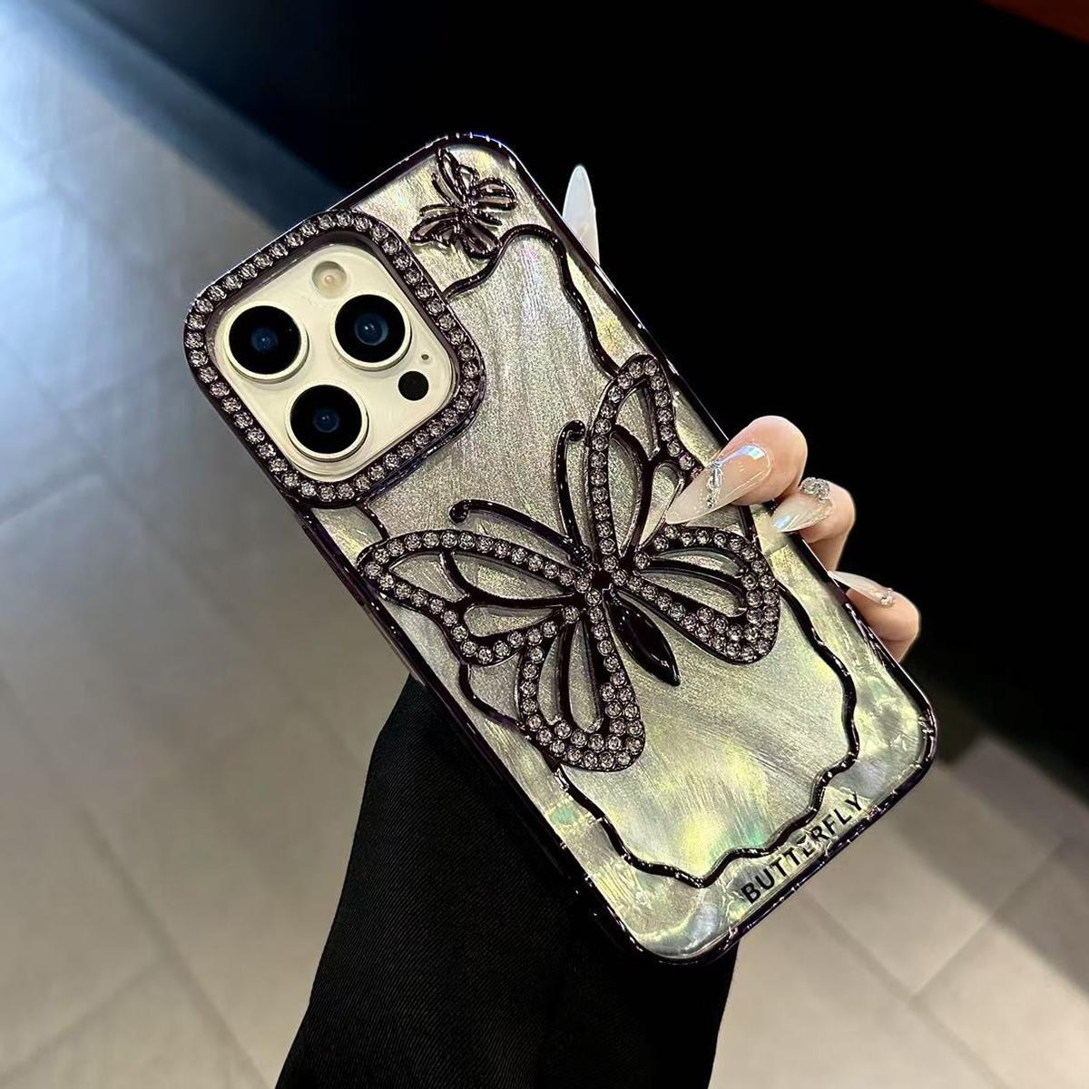Compatible with iPhone 18 Pro Max Butterfly Electroplating TPU Phone Case with Epoxy Cardboard - Dark Purple