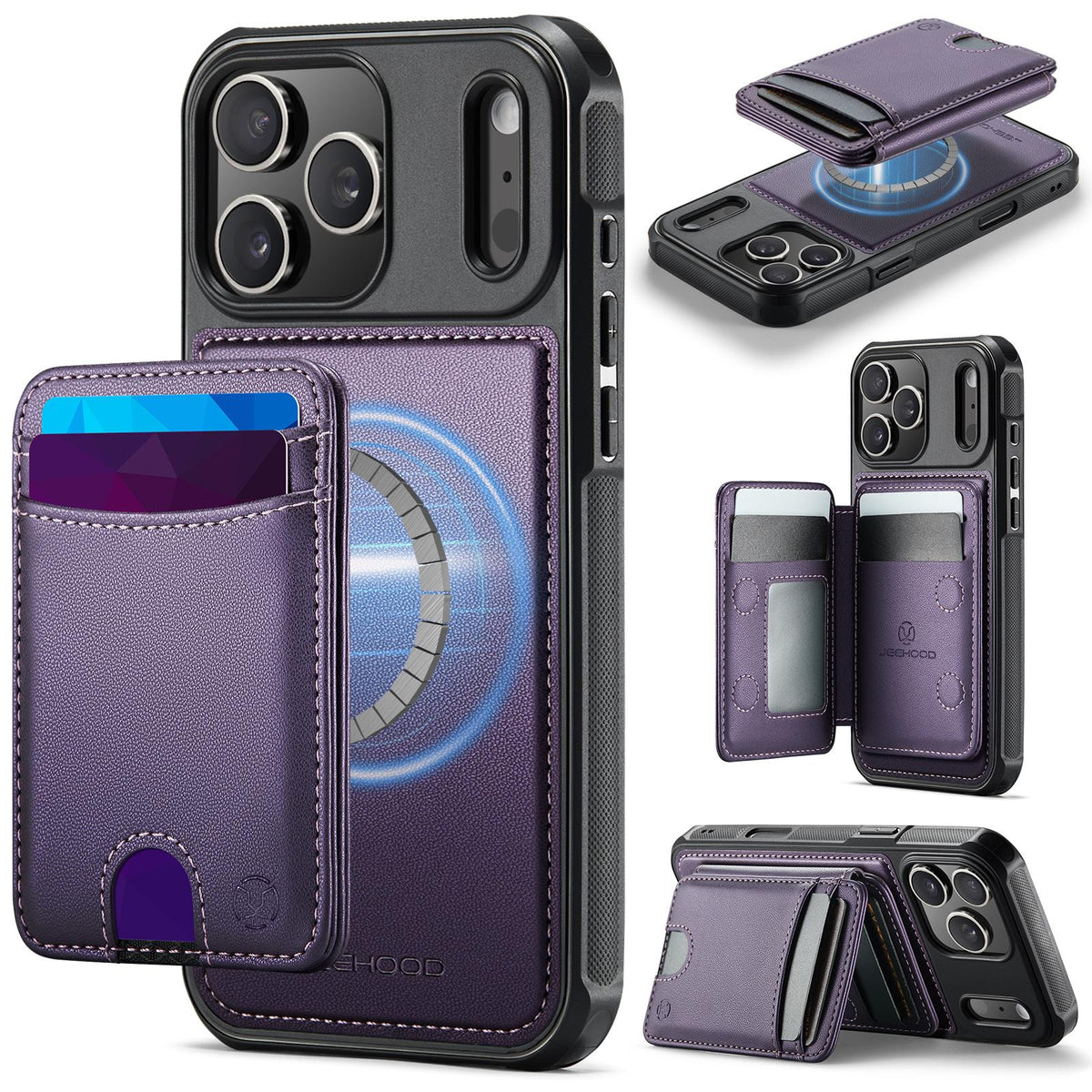 Compatible with iPhone 18 Pro Max JEEHOOD J10 Flip Card Bag MagSafe Split RFID Leather Phone Case - Purple
