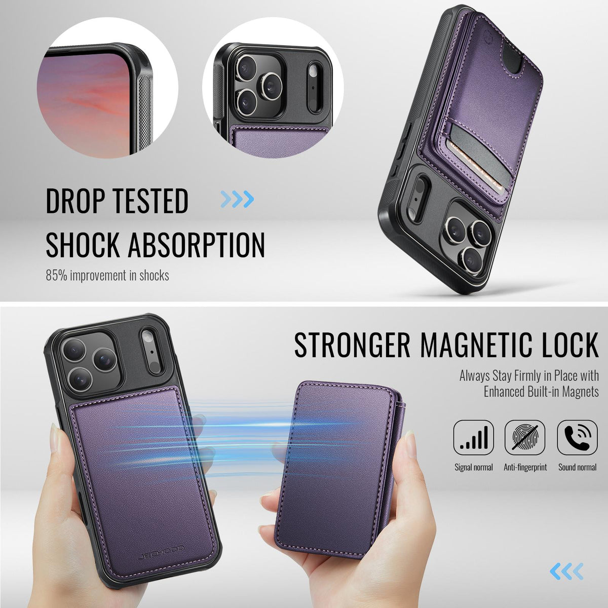 Compatible with iPhone 18 Pro Max JEEHOOD J10 Flip Card Bag MagSafe Split RFID Leather Phone Case - Purple