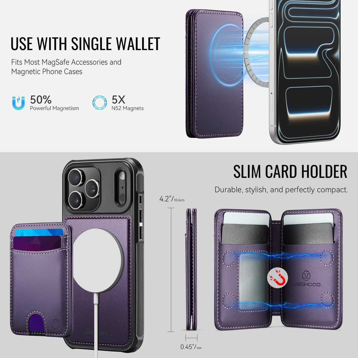 Compatible with iPhone 18 Pro Max JEEHOOD J10 Flip Card Bag MagSafe Split RFID Leather Phone Case - Purple