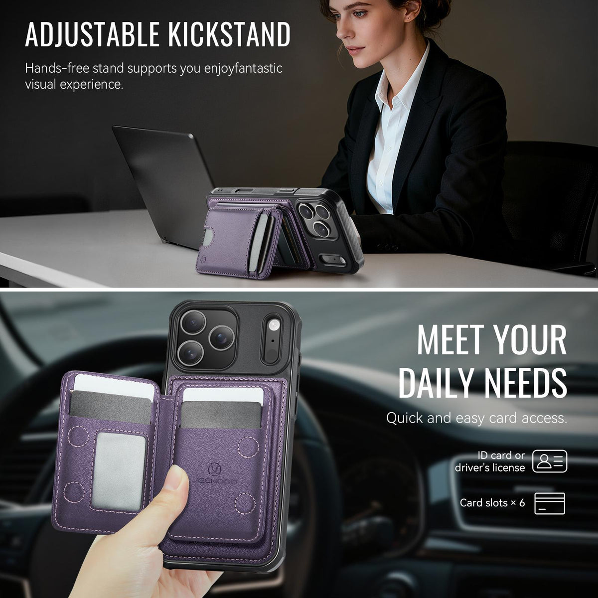 Compatible with iPhone 18 Pro Max JEEHOOD J10 Flip Card Bag MagSafe Split RFID Leather Phone Case - Purple