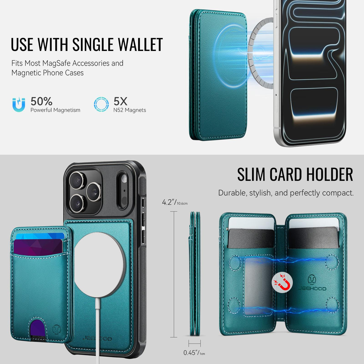 Compatible with iPhone 18 Pro Max JEEHOOD J10 Flip Card Bag MagSafe Split RFID Leather Phone Case - Green