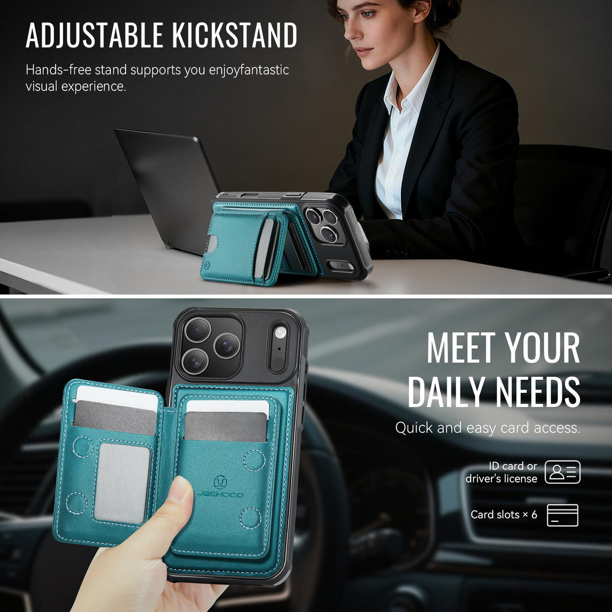 Compatible with iPhone 18 Pro Max JEEHOOD J10 Flip Card Bag MagSafe Split RFID Leather Phone Case - Green