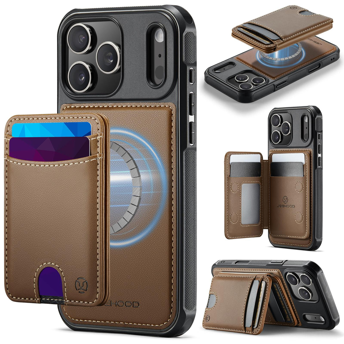 Compatible with iPhone 18 Pro Max JEEHOOD J10 Flip Card Bag MagSafe Split RFID Leather Phone Case - Brown